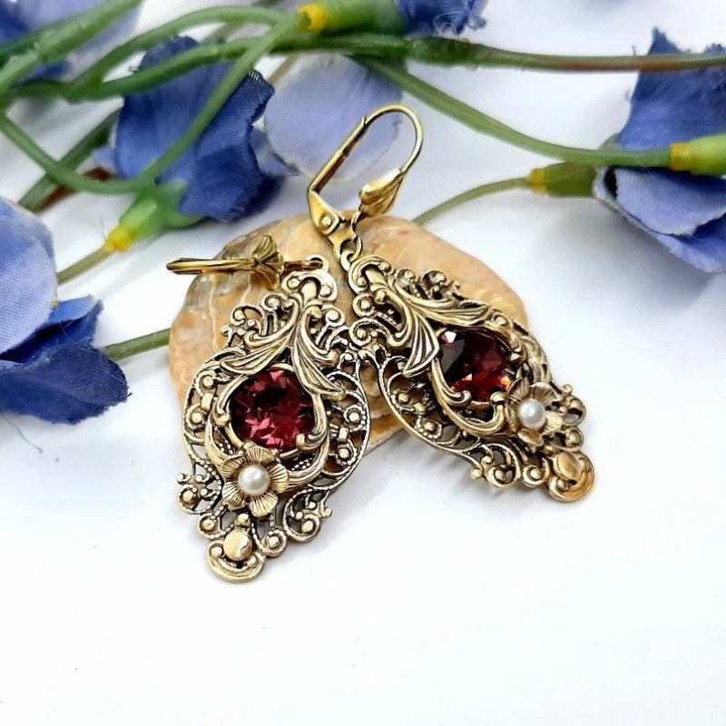 Red Zircon Filigree Drop Earrings