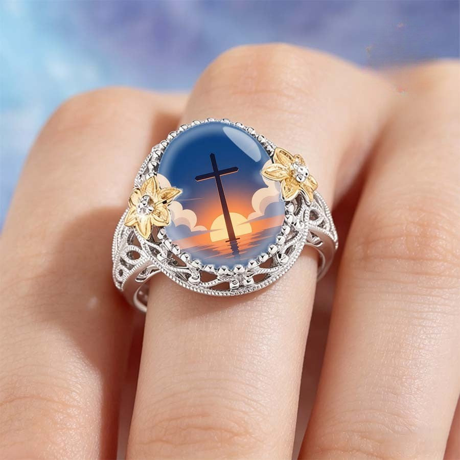 Cross Sunset Floral Dome Ring