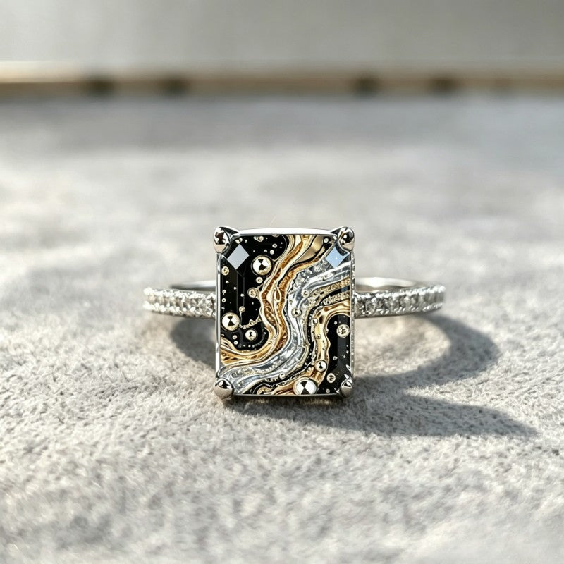 Black and Gold Fluid Square Ring