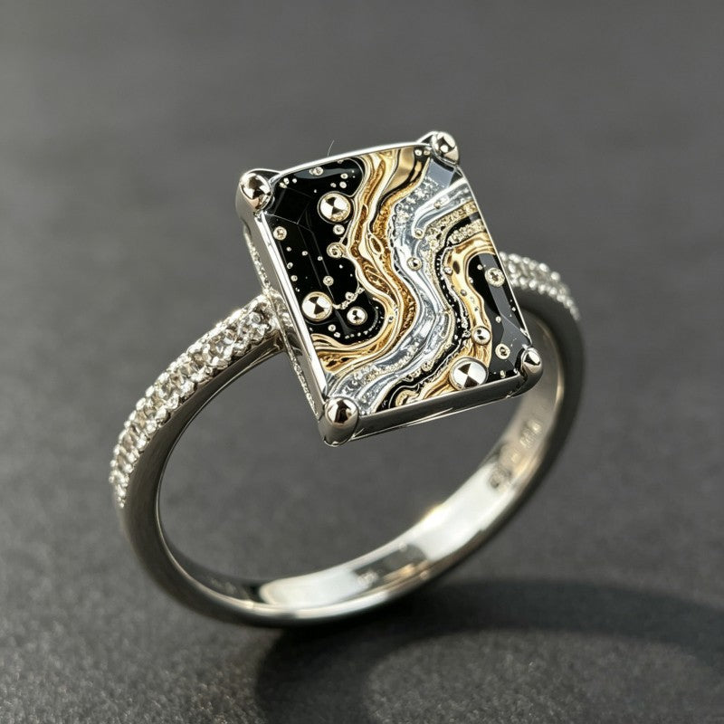 Black and Gold Fluid Square Ring
