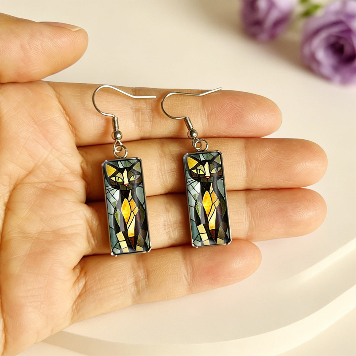 Stained Glass Tabby Cat Rectangle Earrings