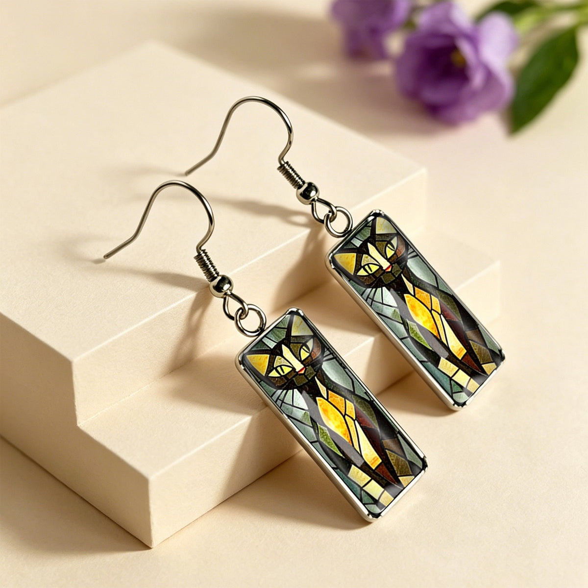 Stained Glass Tabby Cat Rectangle Earrings