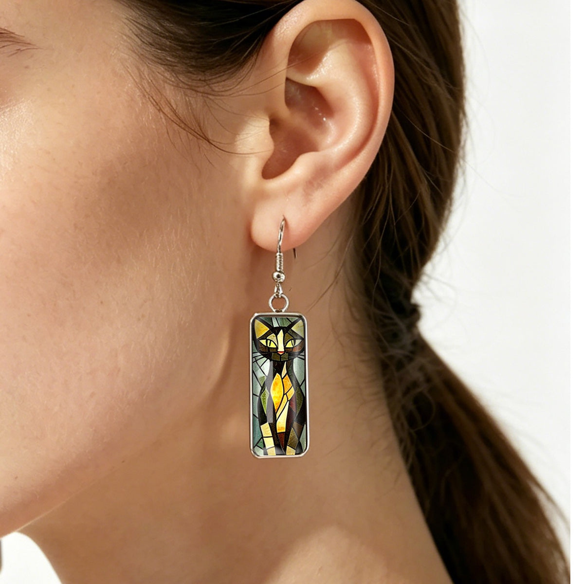 Stained Glass Tabby Cat Rectangle Earrings