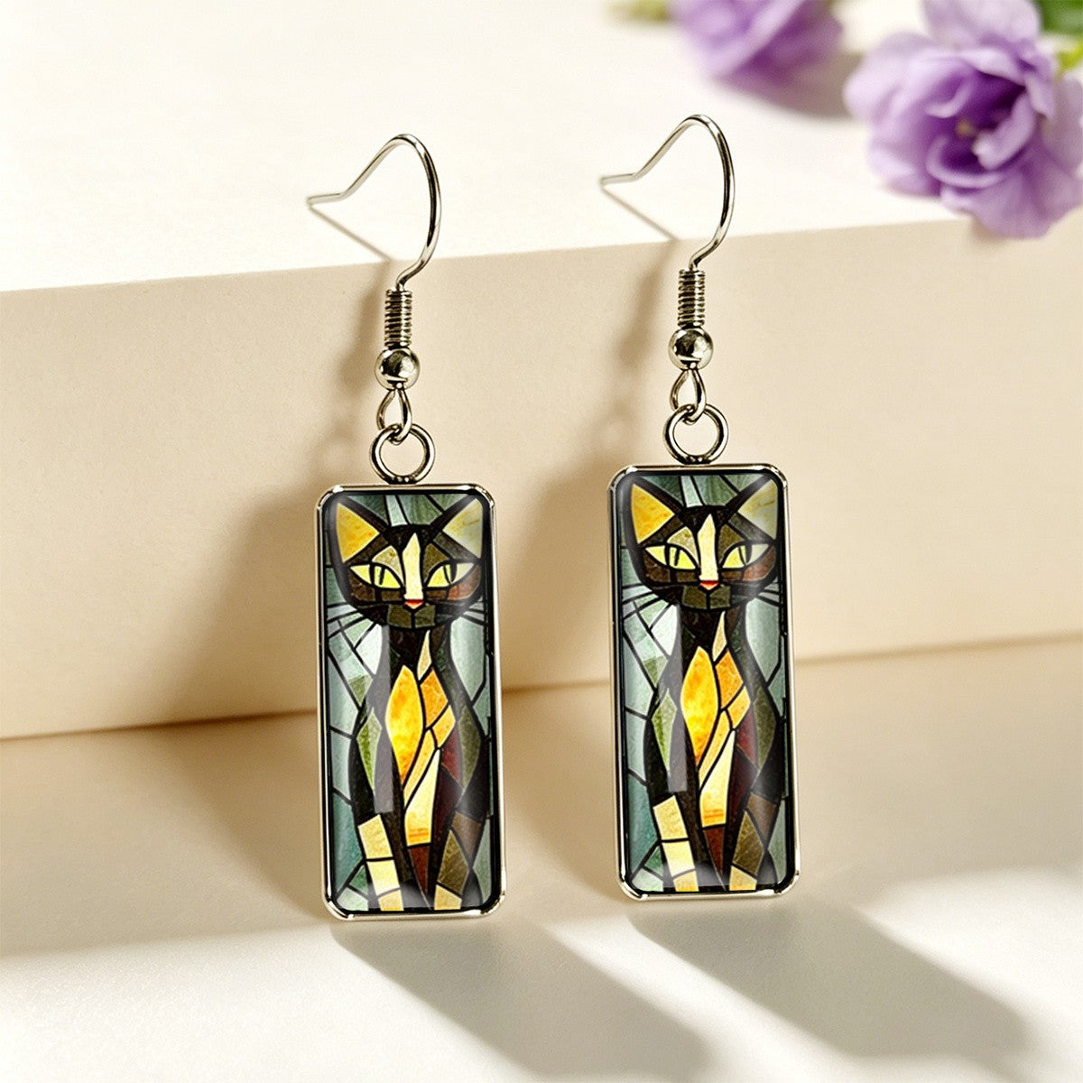 Stained Glass Tabby Cat Rectangle Earrings