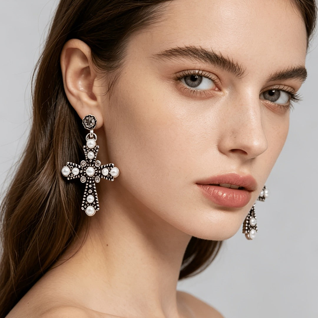 Vintage Pearl Cross Earrings