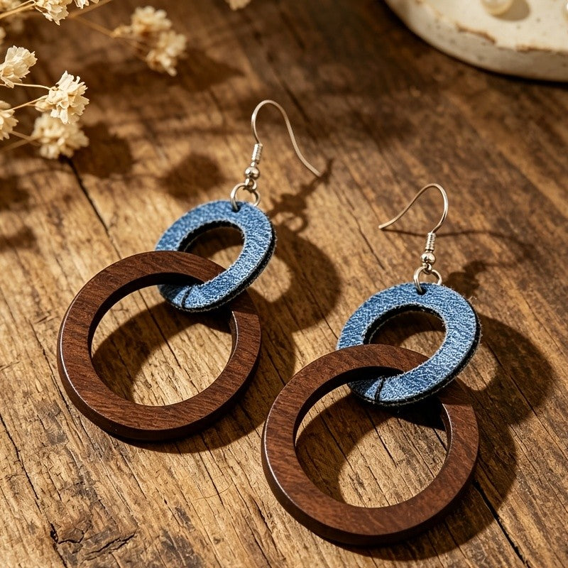 Wood & Denim Double Hoop Earrings