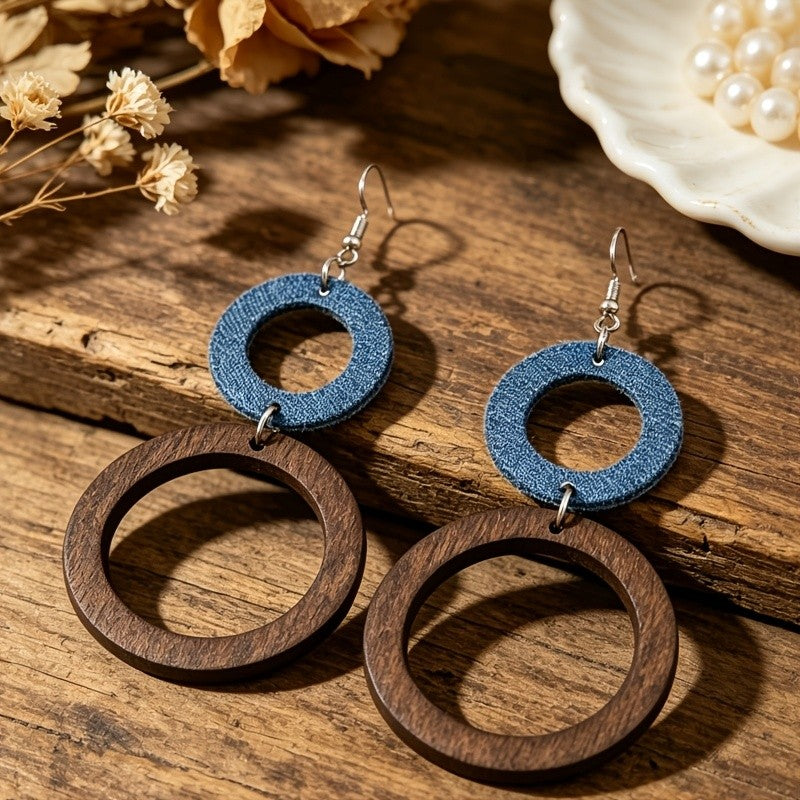 Wood & Denim Double Hoop Earrings