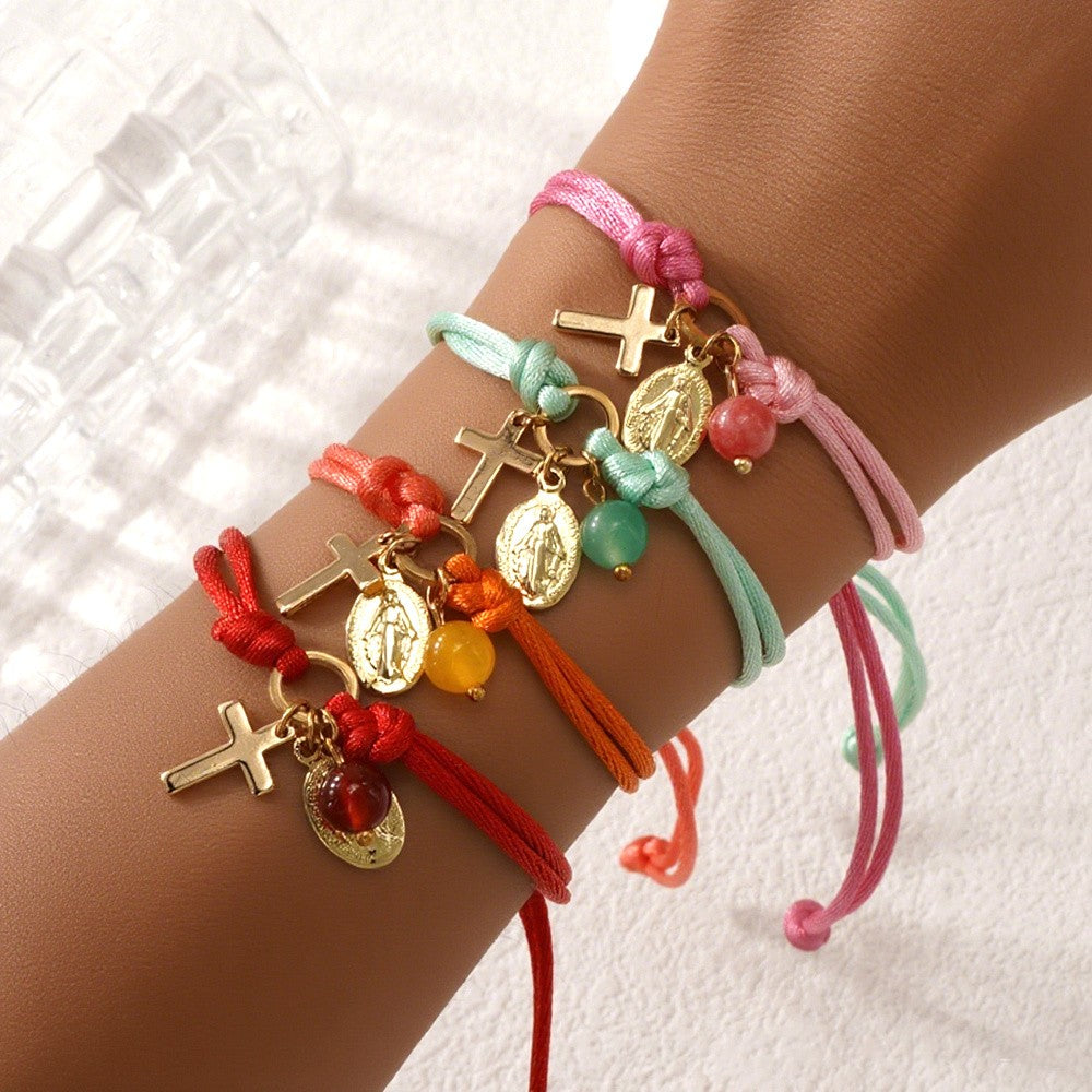 Colorful Cord Cross Charm Bracelet
