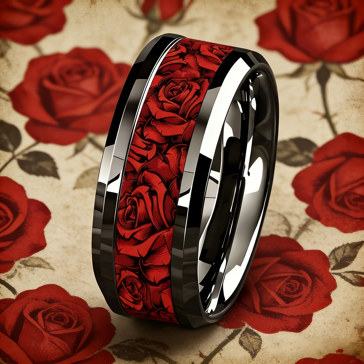 Red Rose Inlay Stainless Steel Ring