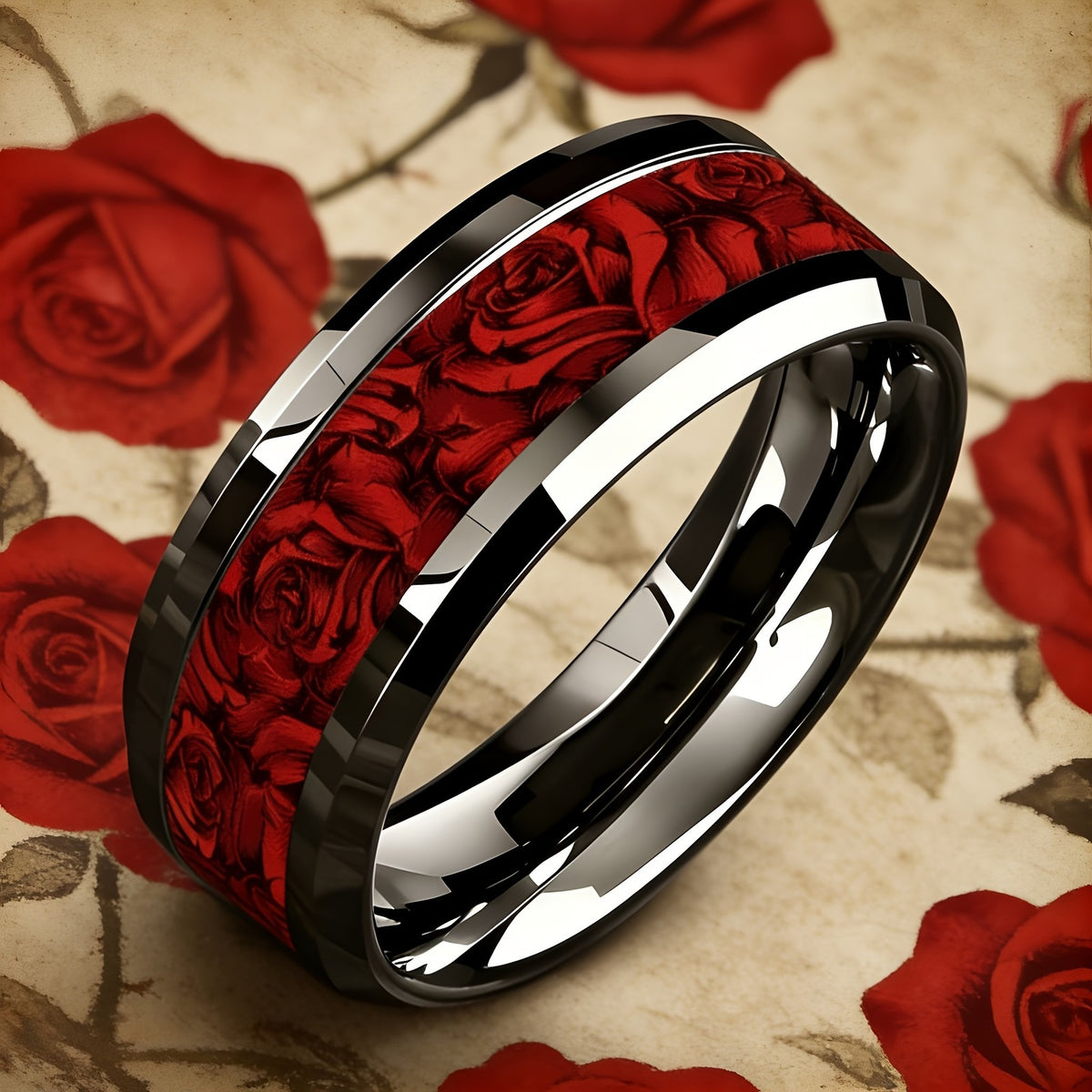 Red Rose Inlay Stainless Steel Ring