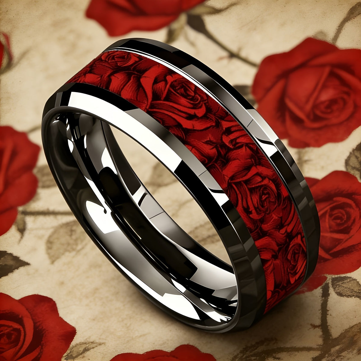 Red Rose Inlay Stainless Steel Ring