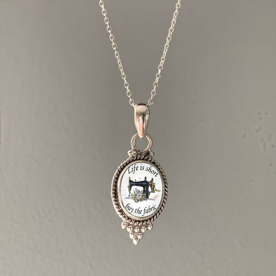 Sewing Machine Quote Oval Pendant Necklace
