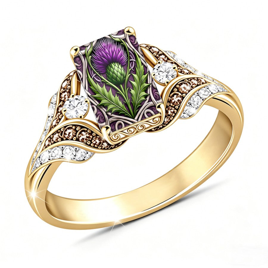Purple Thistle & Crystal Statement Ring