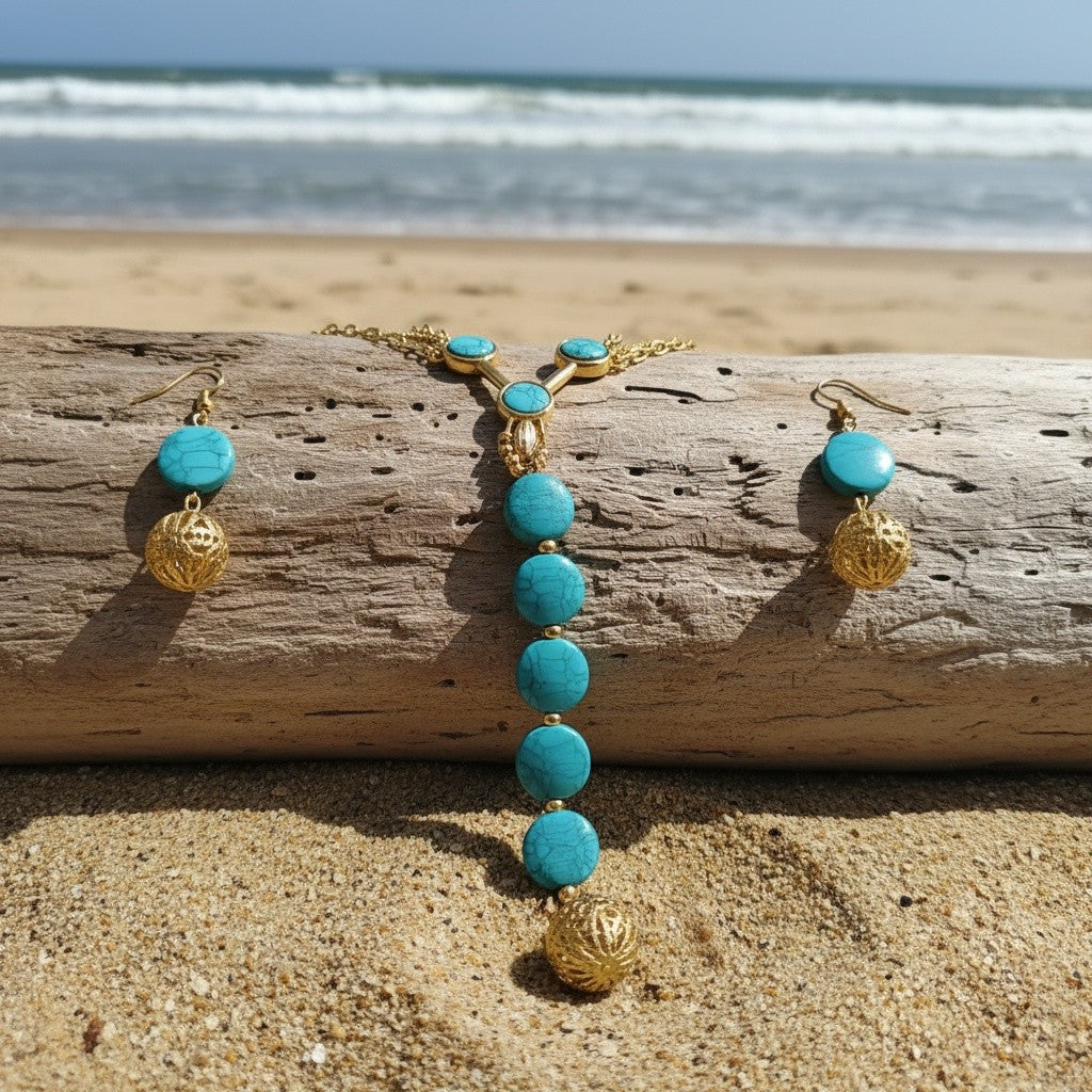 Turquoise Bead & Hollow Ball Jewelry Set