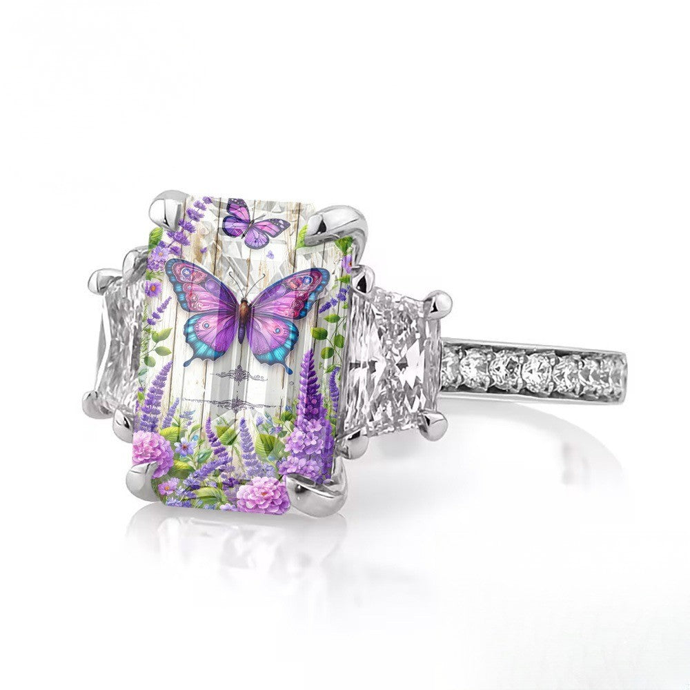 Purple Butterfly & Lavender Square Ring