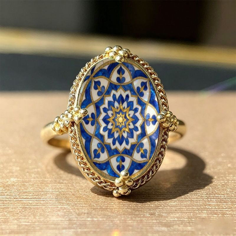 Blue Mandala Oval Ring