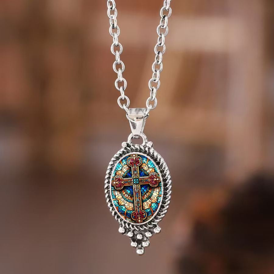 Stained Glass Cross Oval Pendant Necklace