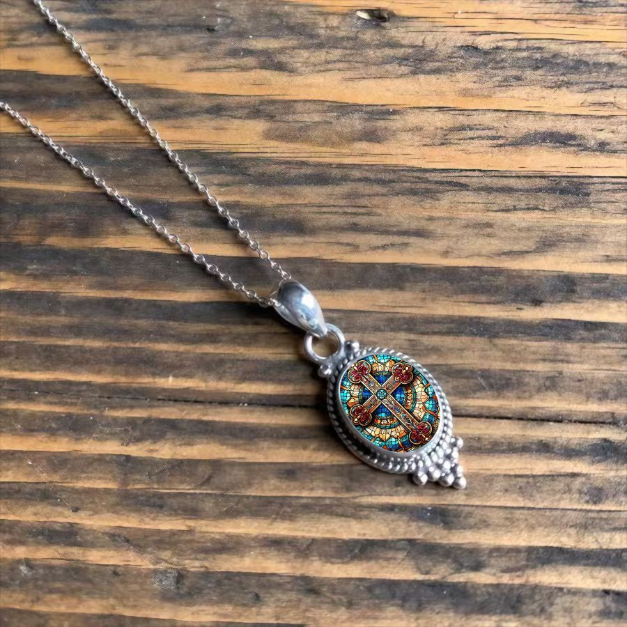 Stained Glass Cross Oval Pendant Necklace