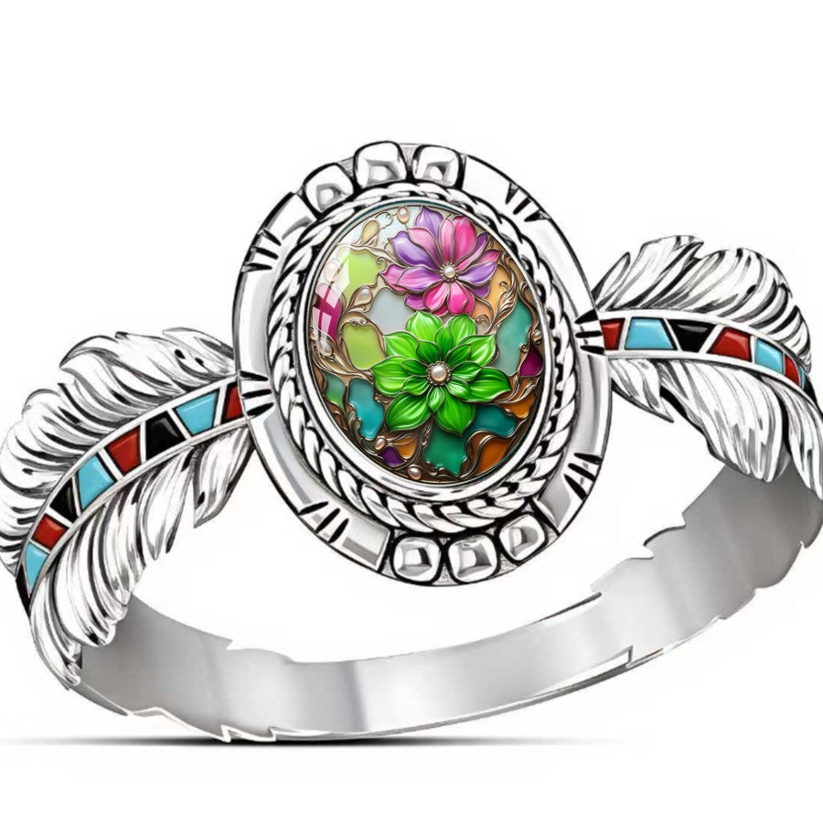 Floral Feather Oval Ring