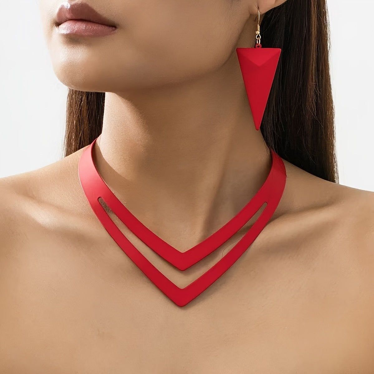Red V-Shape Choker & Triangle Earring Set