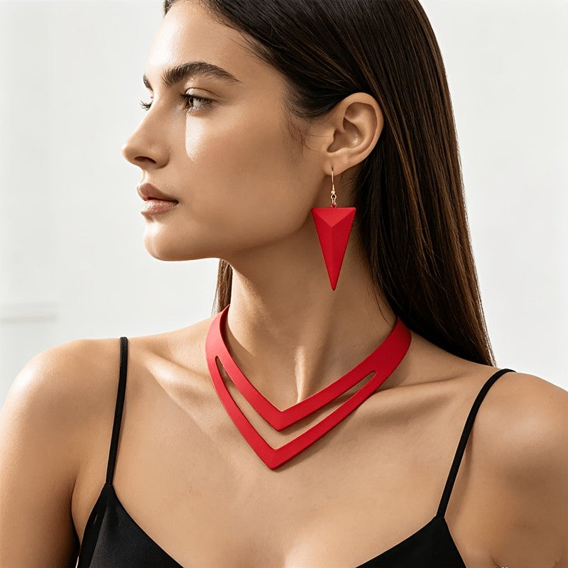Red V-Shape Choker & Triangle Earring Set