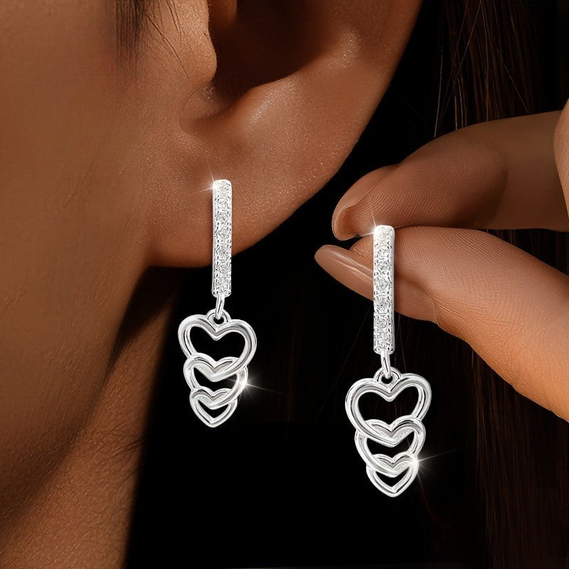 Triple Heart Bar Drop Earrings