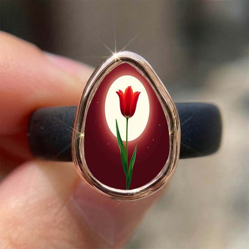 Red Tulip Teardrop Glass Ring