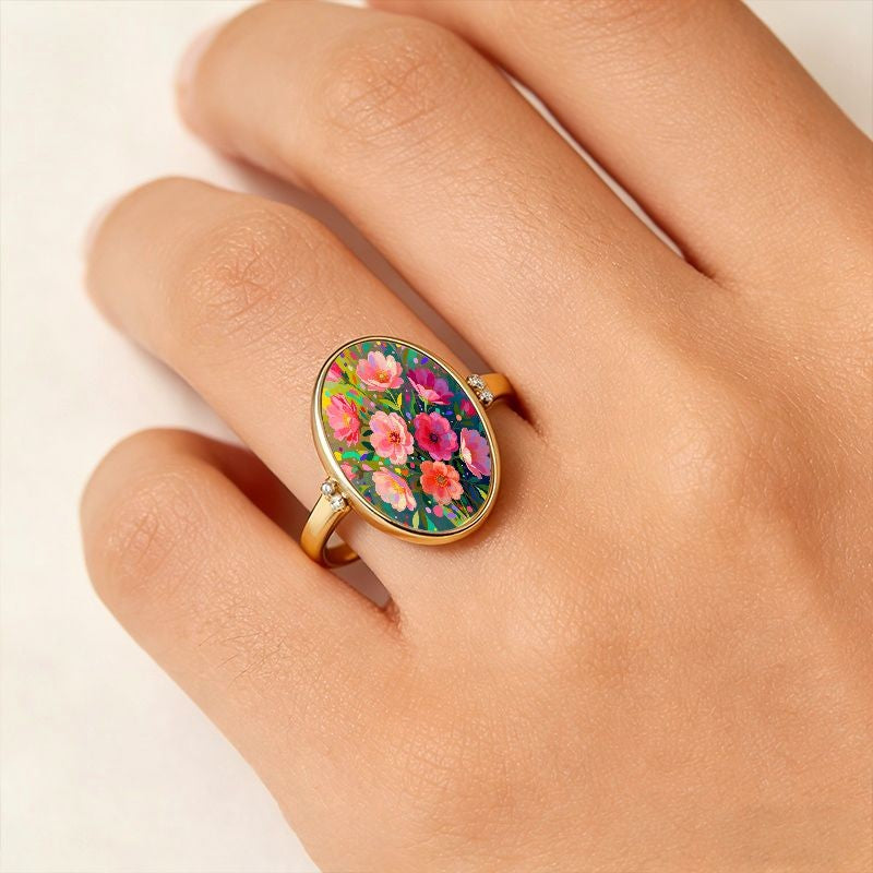 Vibrant Floral Oval Ring