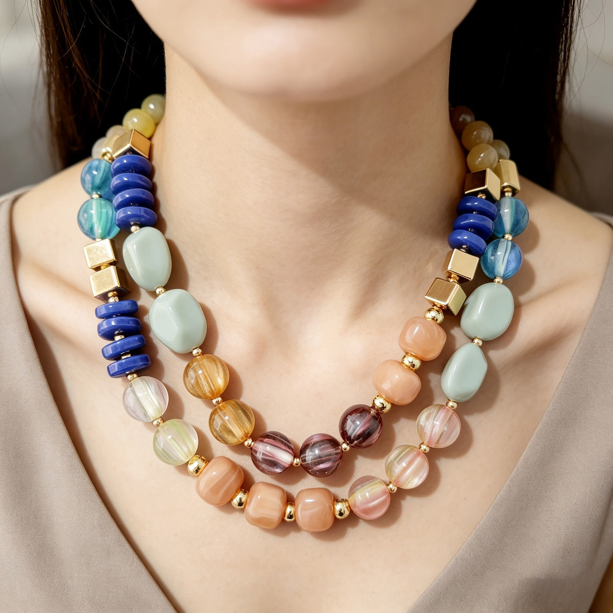 Color Block Resin Bead Necklace