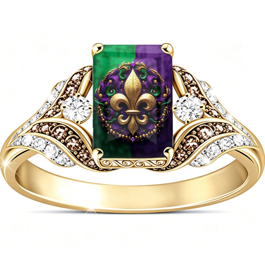 Green & Purple Fleur De Lis Square Ring