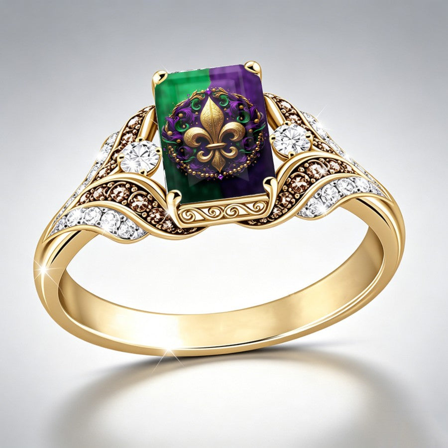 Green & Purple Fleur De Lis Square Ring