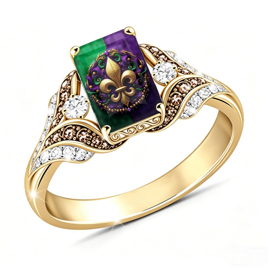 Green & Purple Fleur De Lis Square Ring