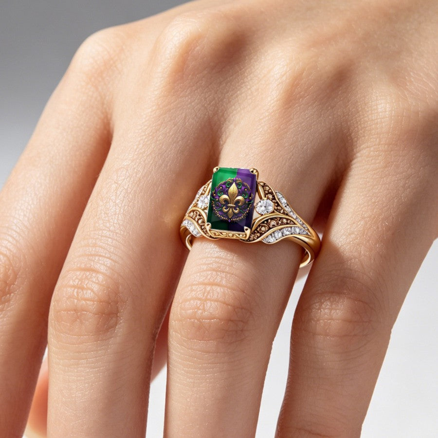 Green & Purple Fleur De Lis Square Ring
