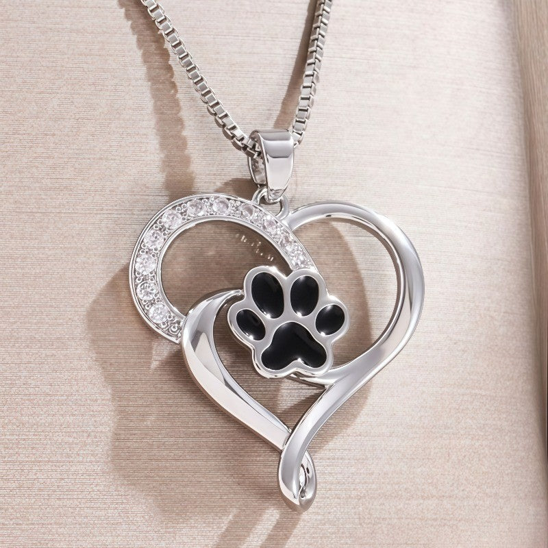 Black Paw & Crystal Heart Necklace
