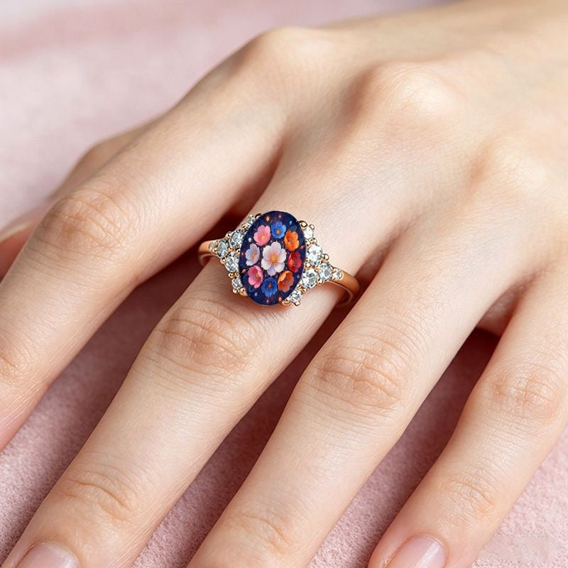 Midnight Floral Oval Ring