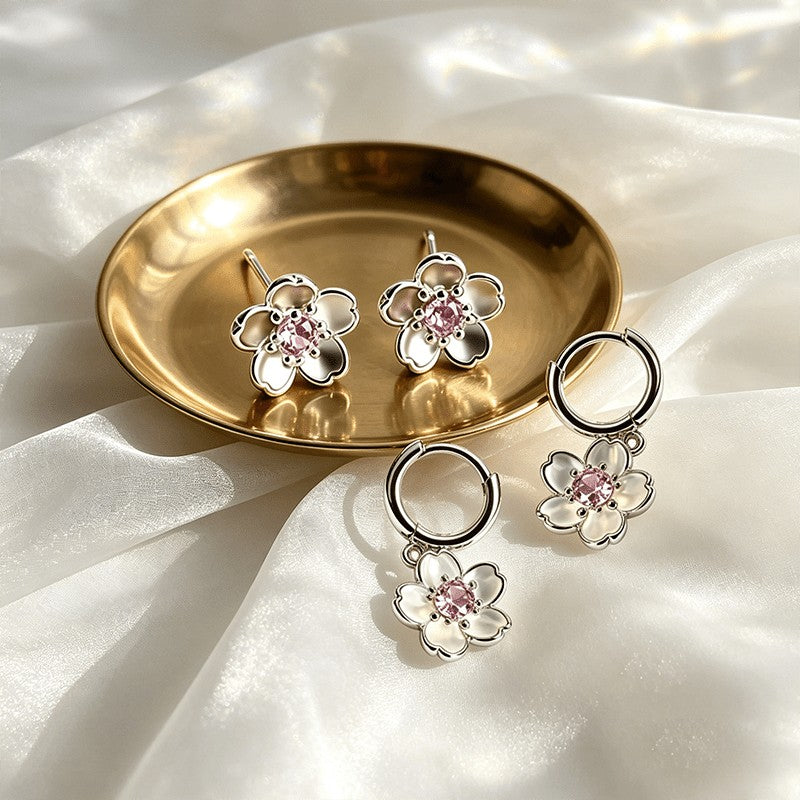 Pink Crystal Flower Stud & Hoop Earring Set