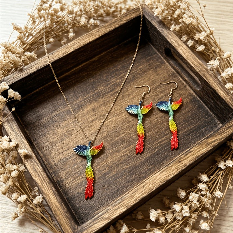Iridescent Feather Bird Necklace & Earring Set