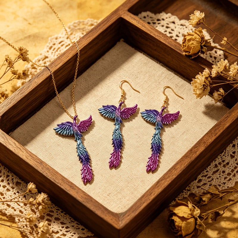 Iridescent Feather Bird Necklace & Earring Set