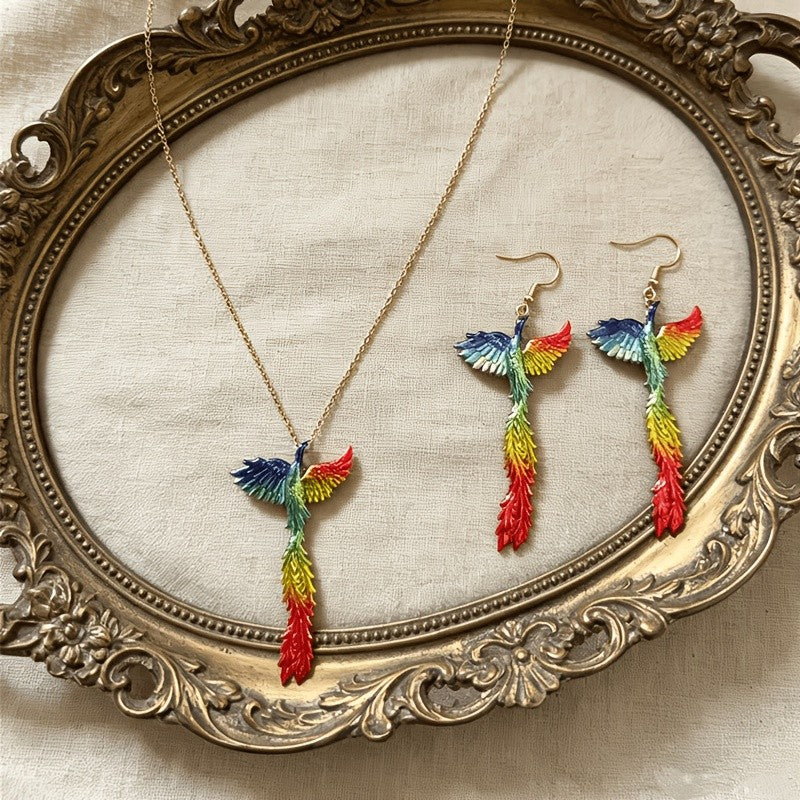 Iridescent Feather Bird Necklace & Earring Set