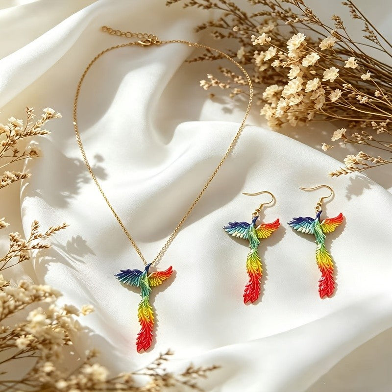 Iridescent Feather Bird Necklace & Earring Set