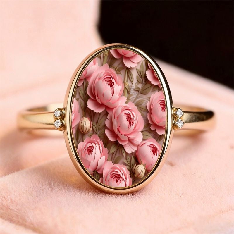 Pink Peony Glass Oval Ring