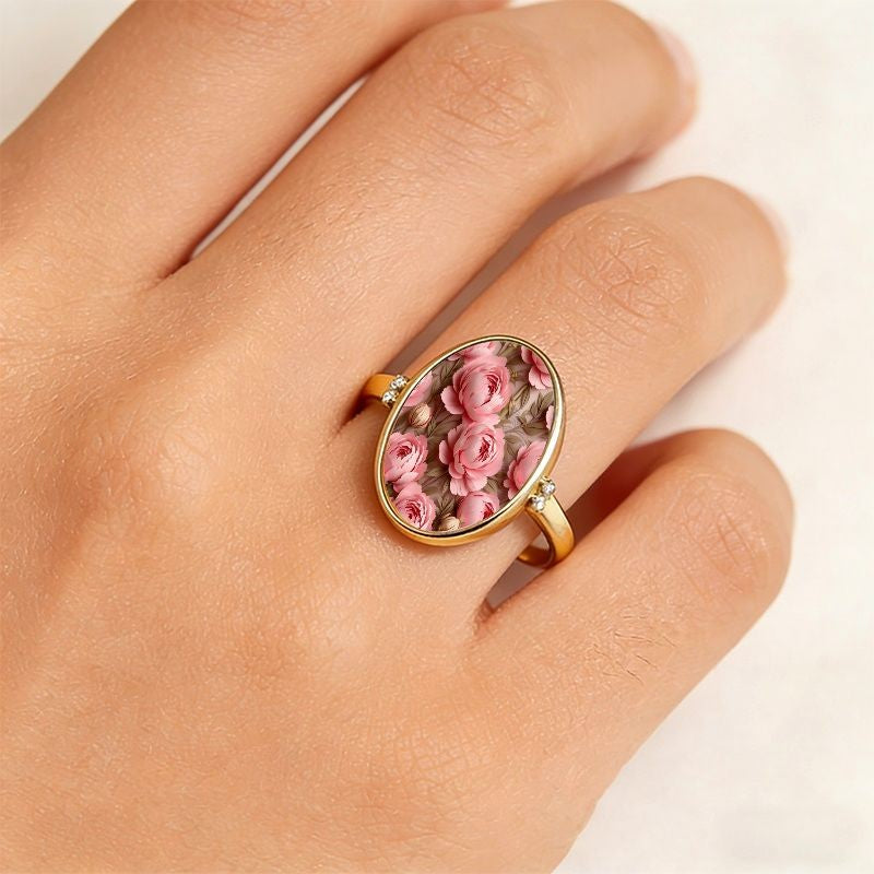 Pink Peony Glass Oval Ring