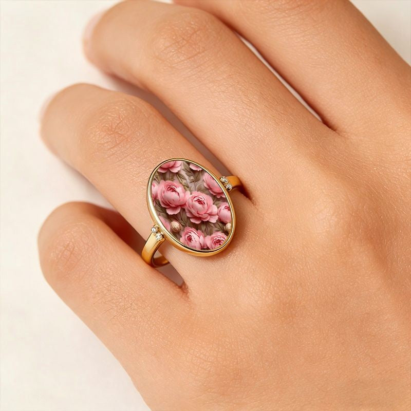 Pink Peony Glass Oval Ring