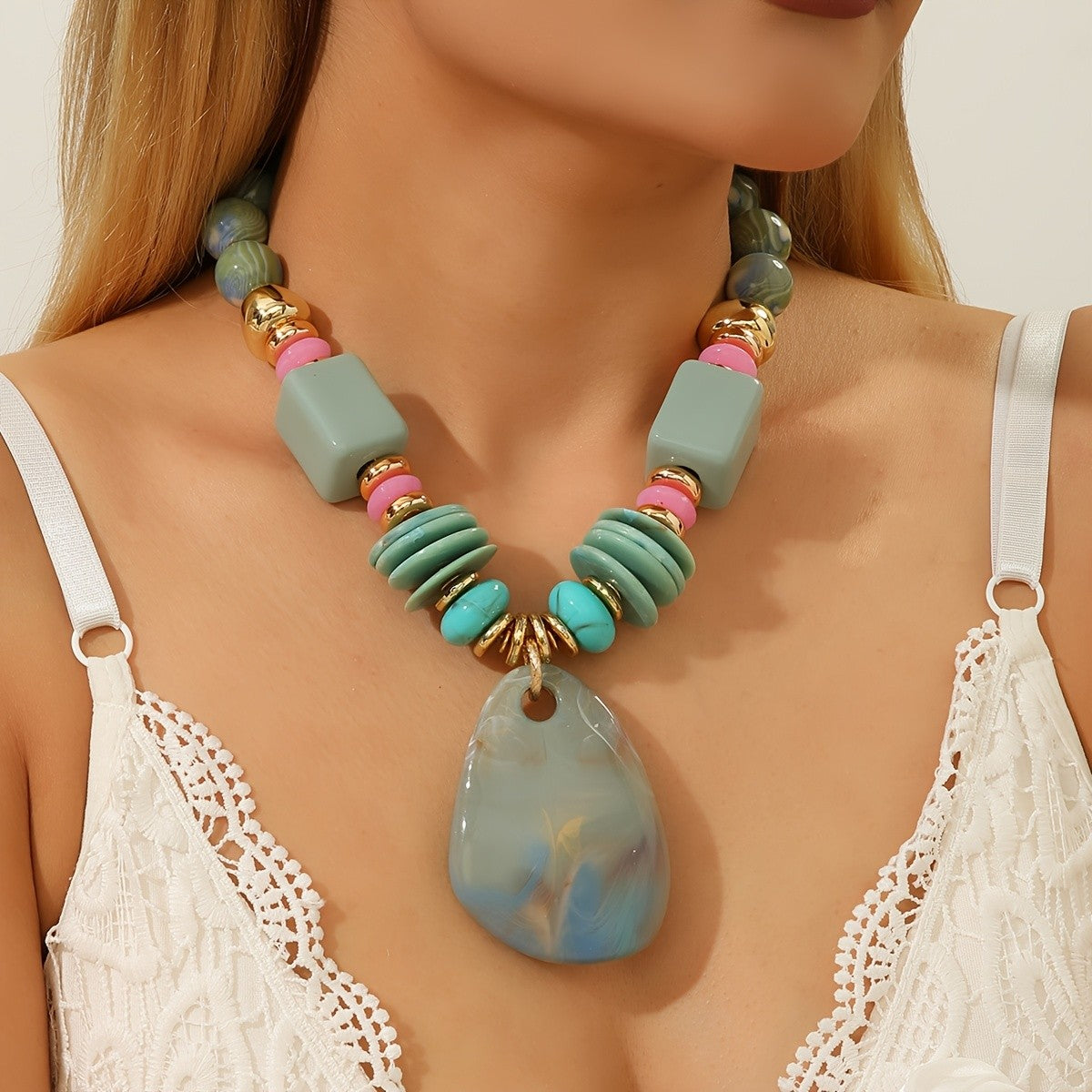 Marbled Teardrop Statement Necklace