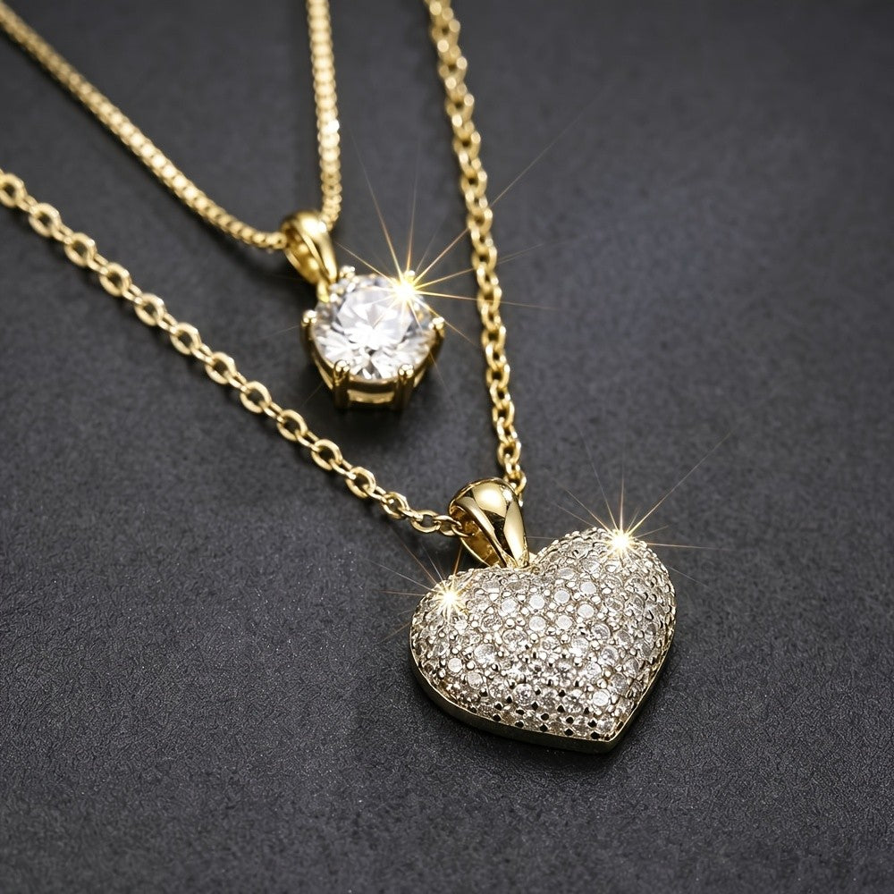 Paved Heart & Solitaire Layered Necklace