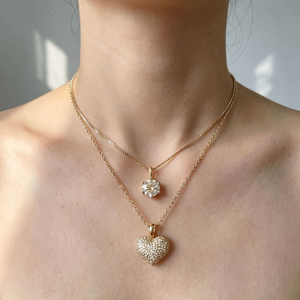 Paved Heart & Solitaire Layered Necklace