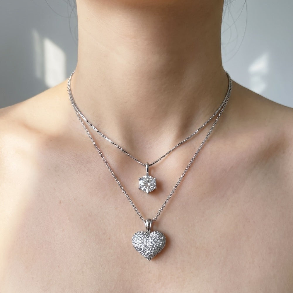 Paved Heart & Solitaire Layered Necklace