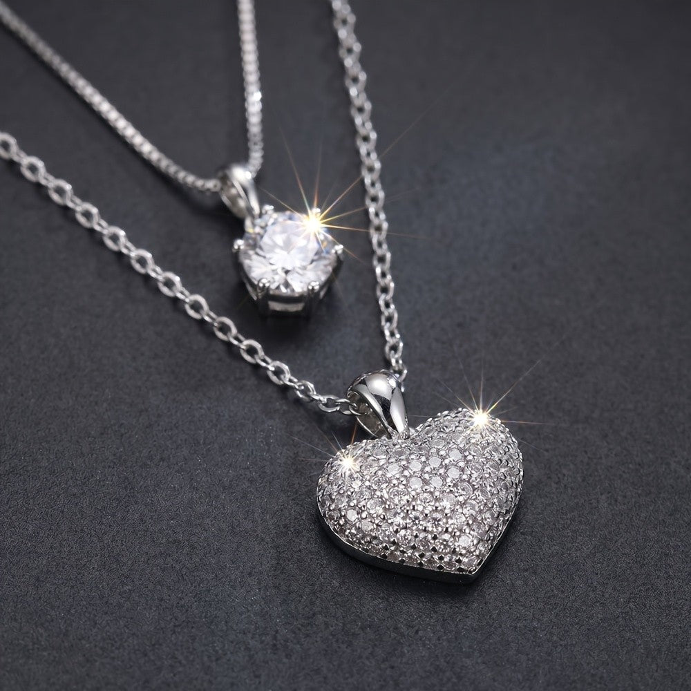 Paved Heart & Solitaire Layered Necklace