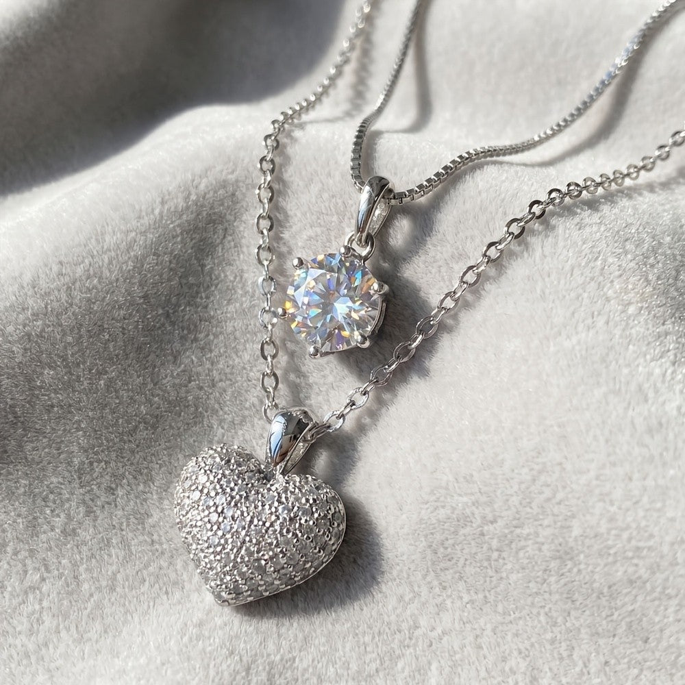 Paved Heart & Solitaire Layered Necklace
