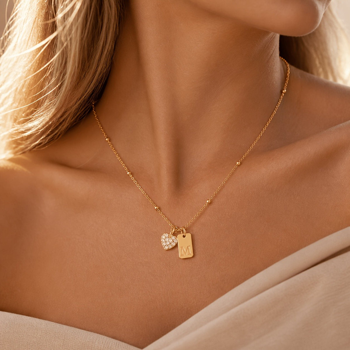 Crystal Heart & Initial Tag Necklace